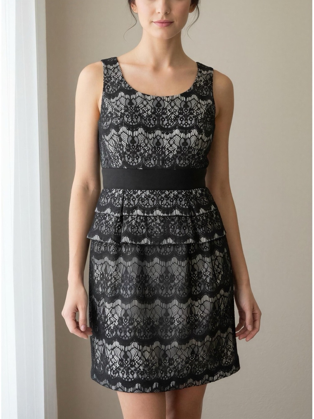 Phoebe Couture Black Lace Peplum Mini Dress